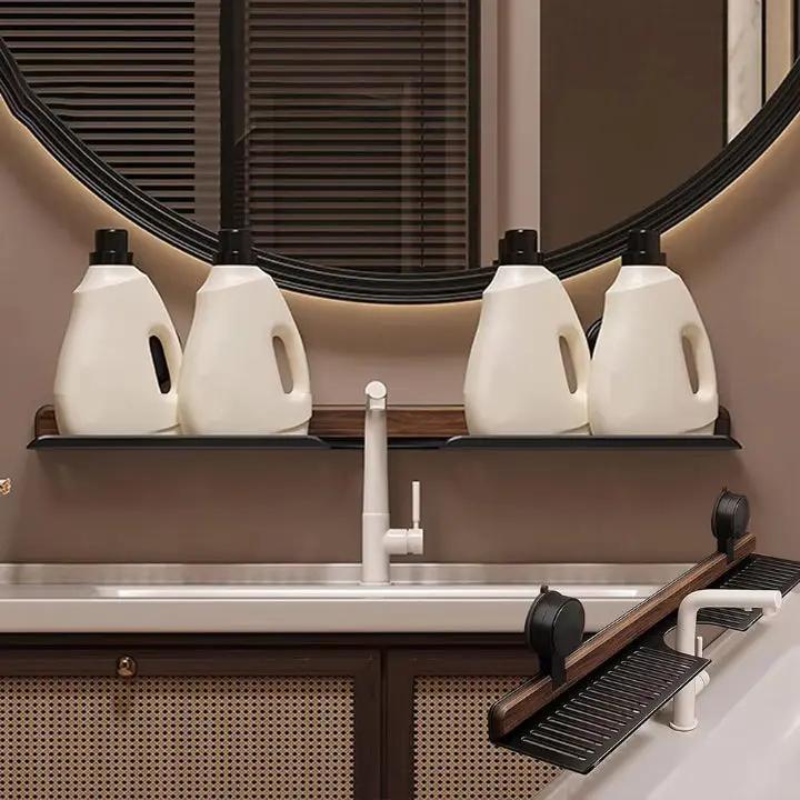 Bathroom Wall Shelf Rotating Suction Mount Walnut Finish