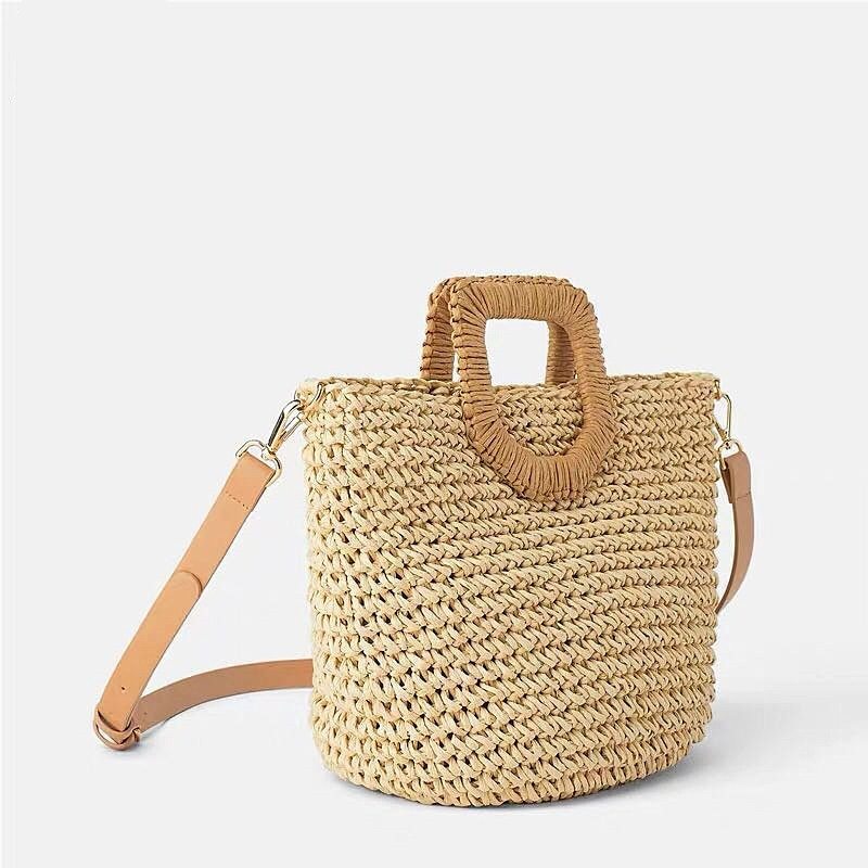 Beach Bag Handwoven Straw Wooden Handle Detachable Leather Strap