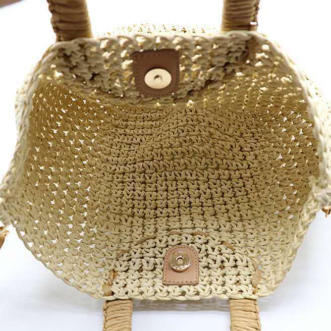 Beach Bag Handwoven Straw Wooden Handle Detachable Leather Strap