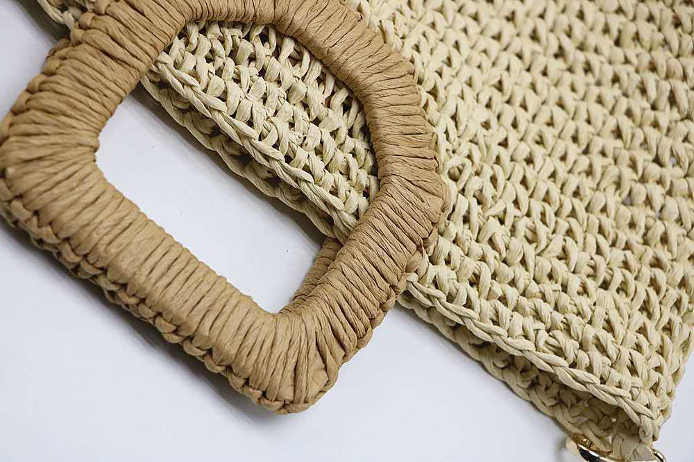 Beach Bag Handwoven Straw Wooden Handle Detachable Leather Strap
