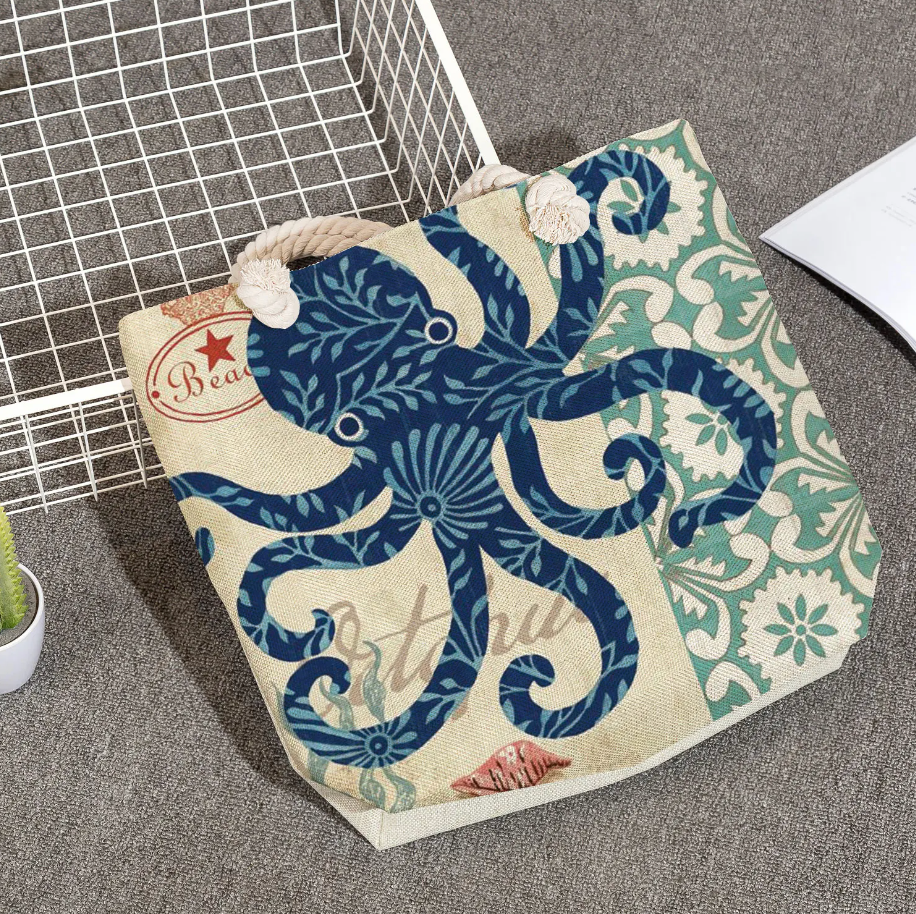 Beach Bag Linen Nautical Print Braided Cotton Handles