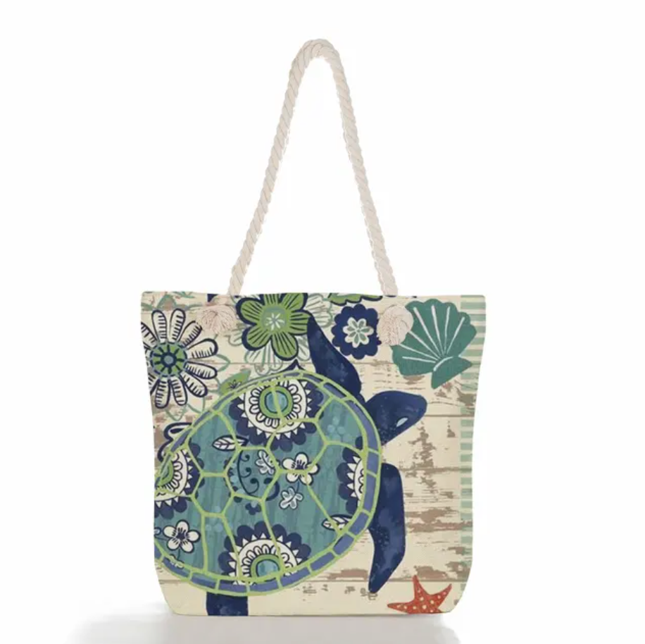Beach Bag Linen Nautical Print Braided Cotton Handles