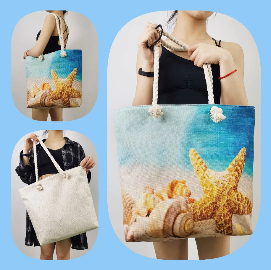 Beach Bag Linen Nautical Print Braided Cotton Handles