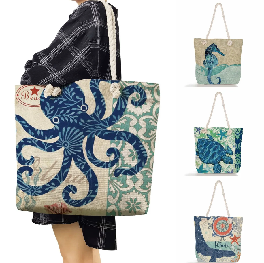 Beach Bag Linen Nautical Print Braided Cotton Handles