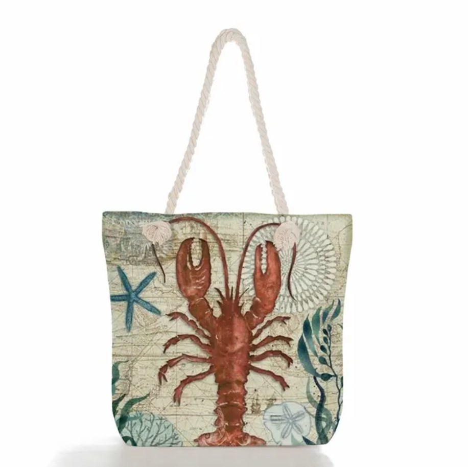 Beach Bag Linen Nautical Print Braided Cotton Handles