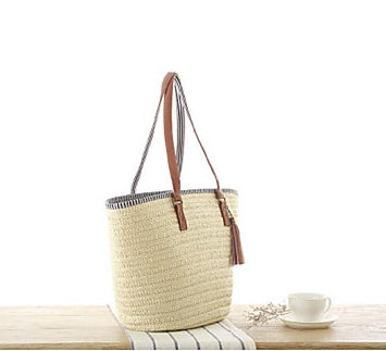 Beach Tote Spacious Woven Leather Handles