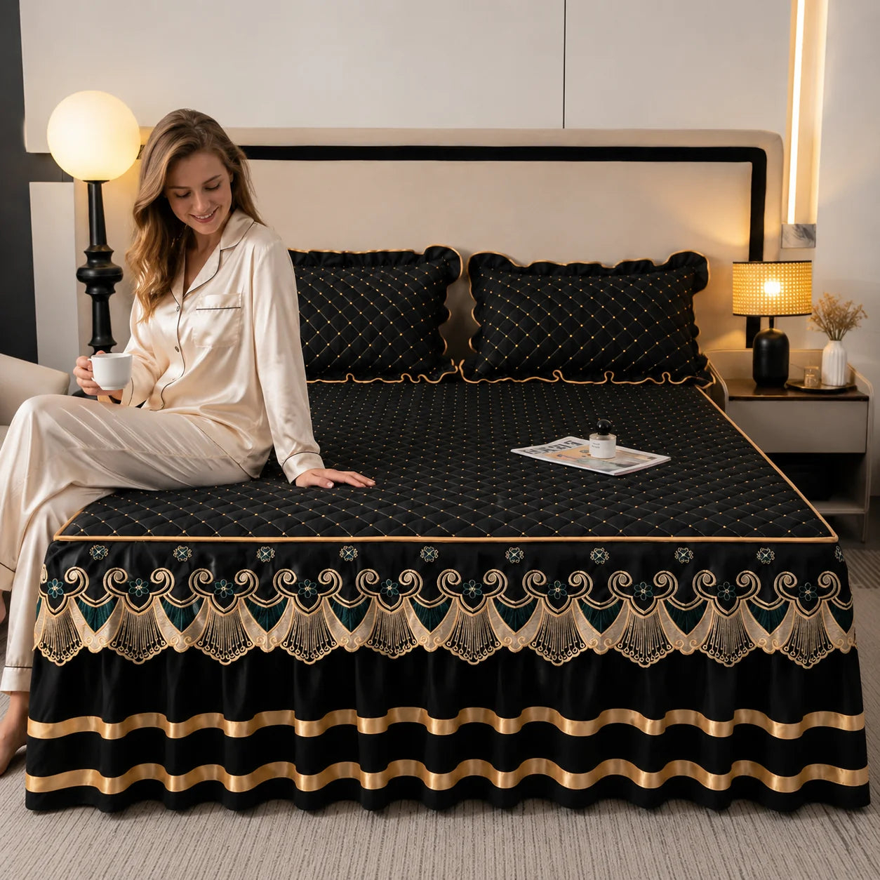 Bed Skirt Quilted Cotton Blend Lace Trim Anti-Slip