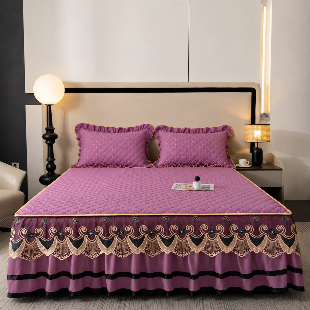 Bed Skirt Quilted Cotton Blend Lace Trim Anti-Slip