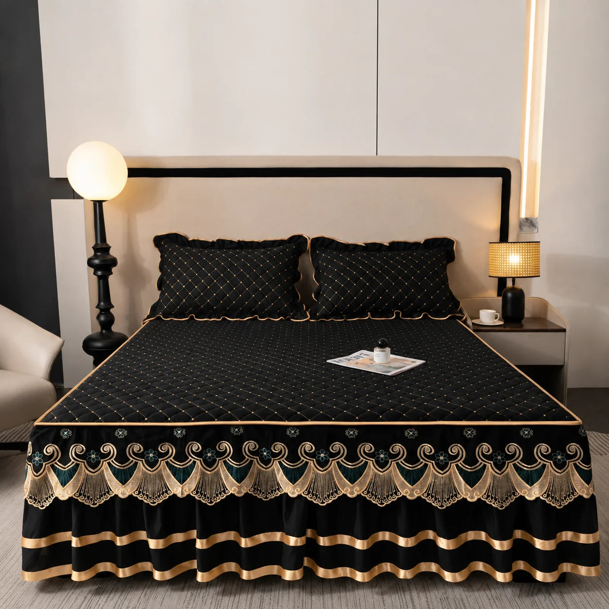 Bed Skirt Quilted Cotton Blend Lace Trim Anti-Slip