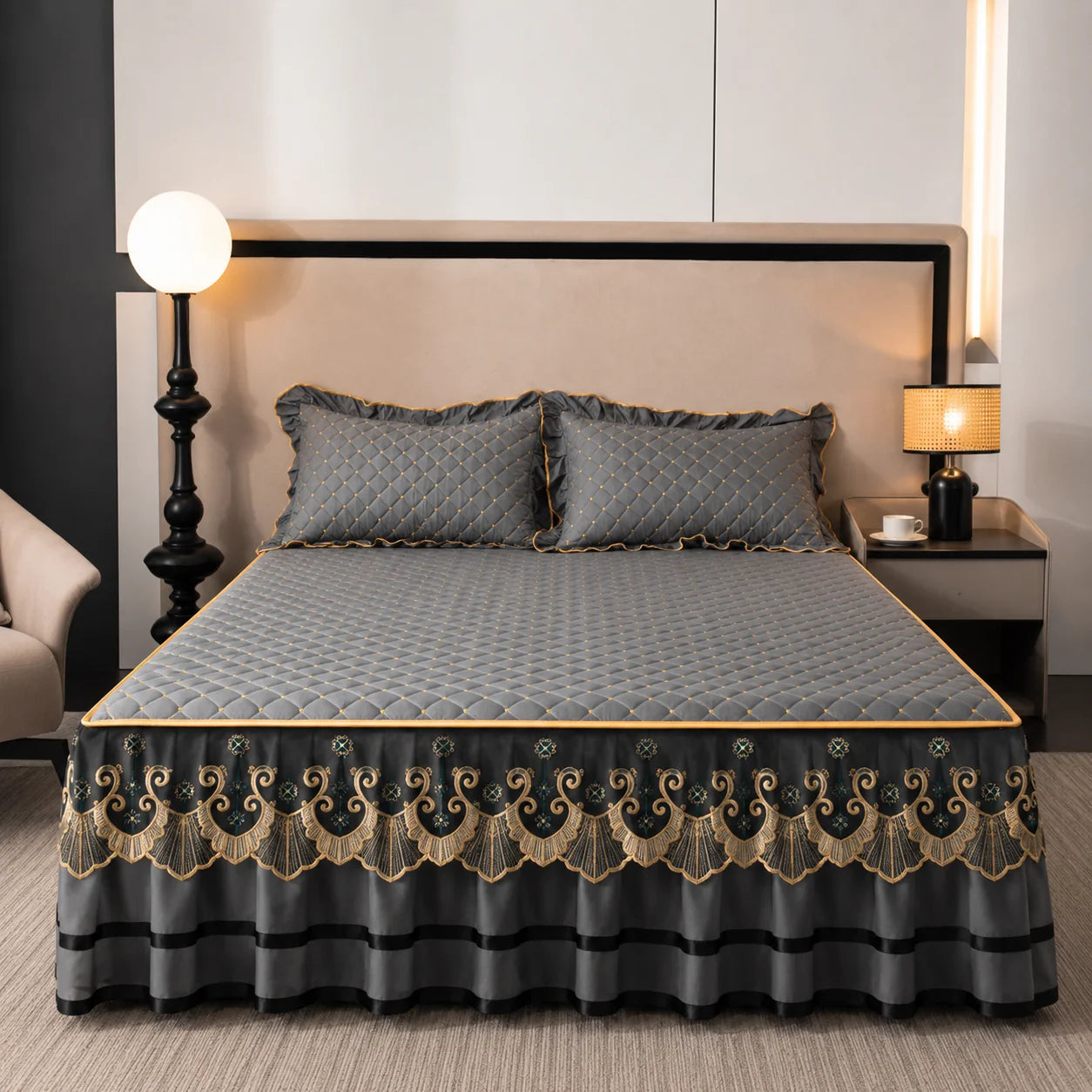 Bed Skirt Quilted Cotton Blend Lace Trim Anti-Slip