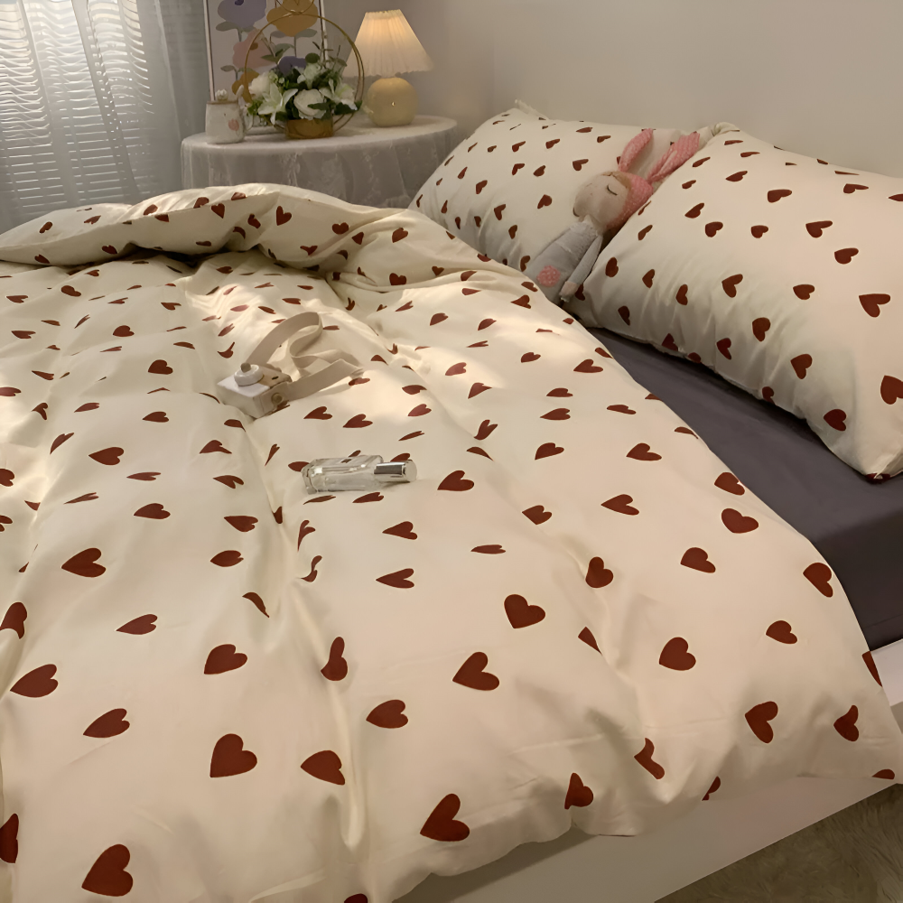 Bedding Set Heart Print Soft Polyester Machine Washable