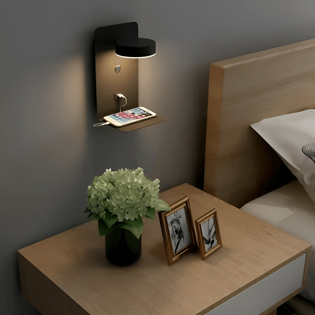Bedside Wall Lamp Shelf With USB Charging Touch Dimmable