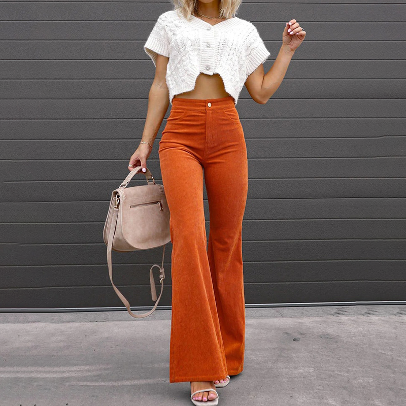 Bell-Bottom Pants High-Waisted Curvy Fit Velvety Corduroy