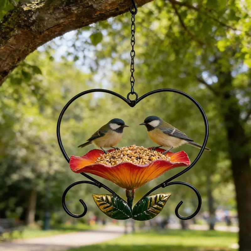 Bird Feeder Heart-Shaped Flower Bowl Weather-Resistant Iron