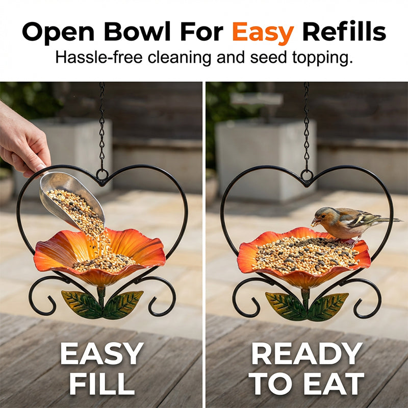Bird Feeder Heart-Shaped Flower Bowl Weather-Resistant Iron