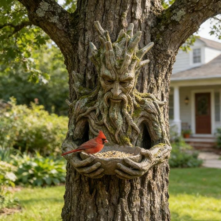 Bird Feeder Tree-Face Sculptural Weatherproof Resin Easy-Refill Tray
