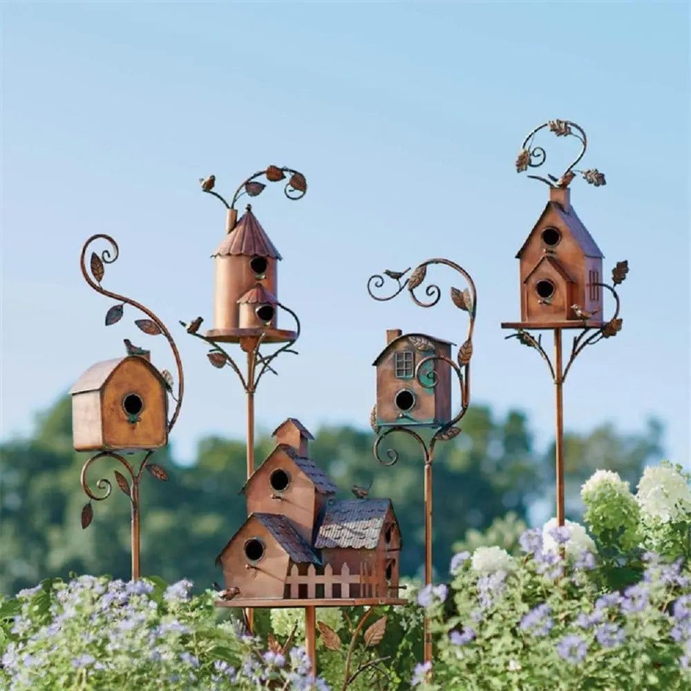 Birdhouse Garden Stake Metal Copper-Bronze Leaf & Vine