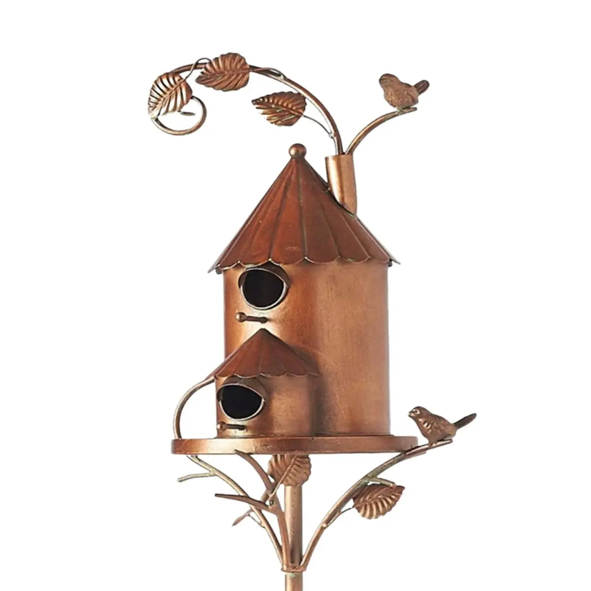 Birdhouse Garden Stake Metal Copper-Bronze Leaf & Vine
