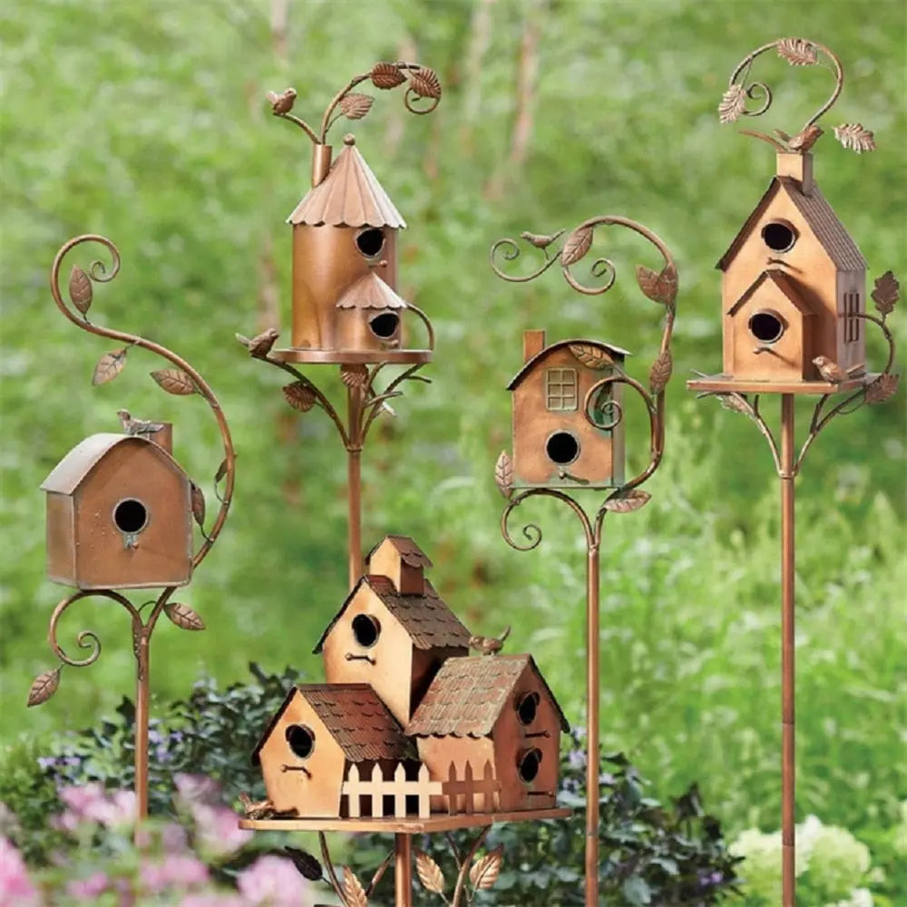 Birdhouse Garden Stake Metal Copper-Bronze Leaf & Vine