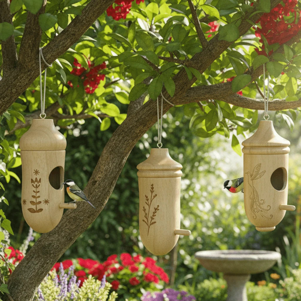 Birdhouse Set Natural Wood Engraved Hanging