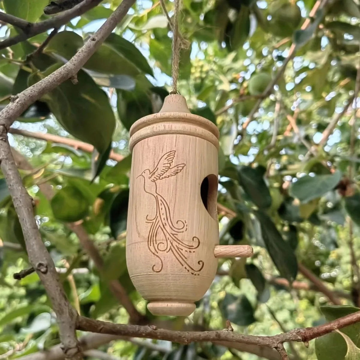 Birdhouse Set Natural Wood Engraved Hanging