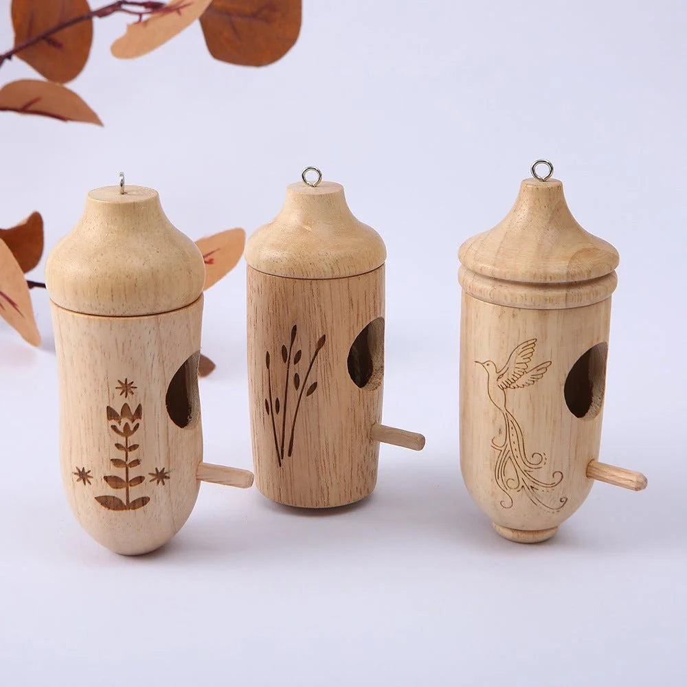 Birdhouse Set Natural Wood Engraved Hanging