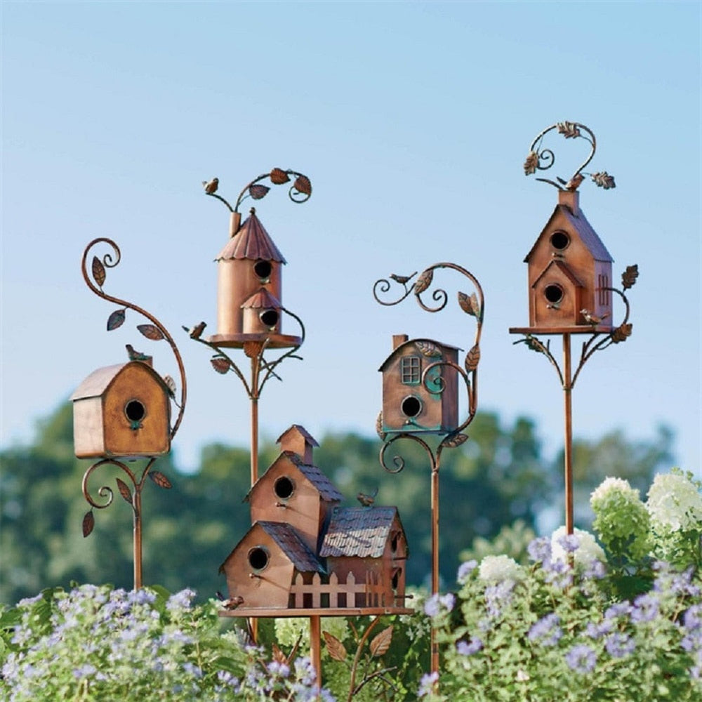 Birdhouse Stake Decorative Metal Copper Bronze