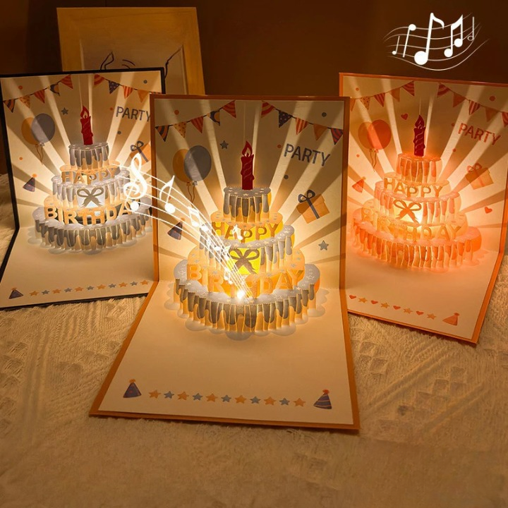 Birthday Card 3D Laser-Cut Pop-Up LED Light & Music