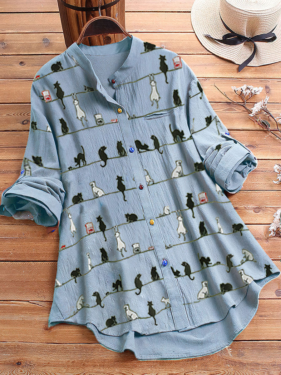 Blouse Cat Print Long Sleeve Feminine Fit