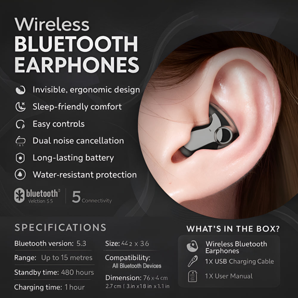 Bluetooth Earbuds Ultra-Thin Side-Sleeper IPX5 24-Hour Battery
