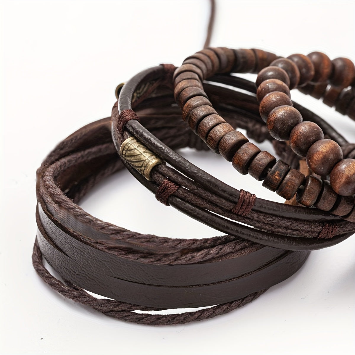 Bracelet Set Genuine Leather & Wooden Beads 4-Piece
