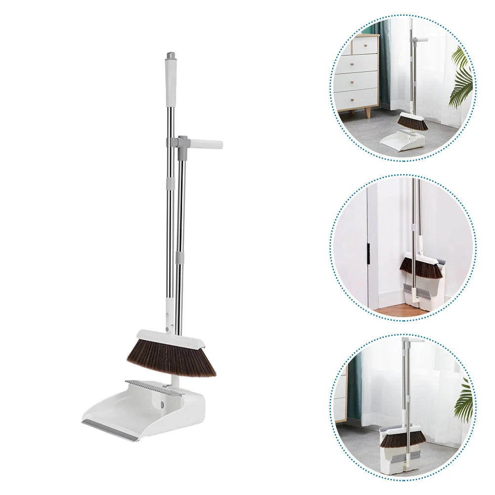 Broom & Dustpan Set Adjustable Stainless Handle Serrated Edge