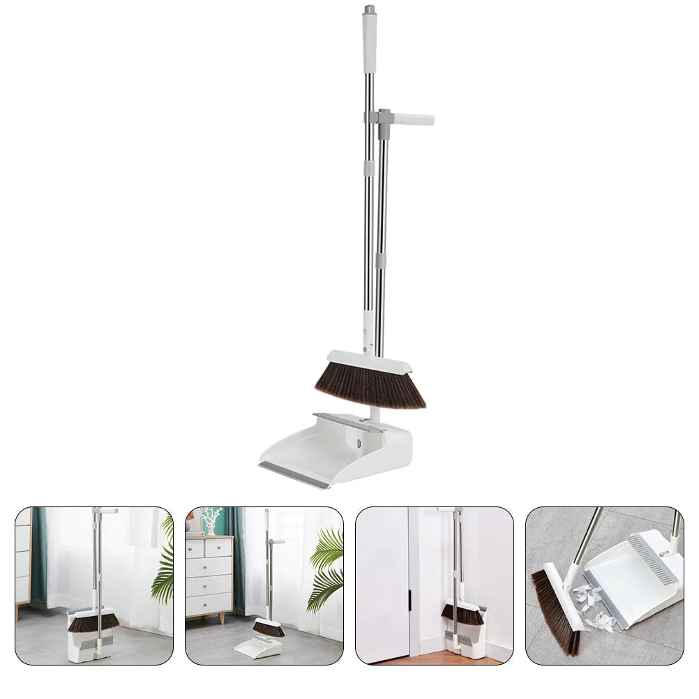 Broom & Dustpan Set Adjustable Stainless Handle Serrated Edge