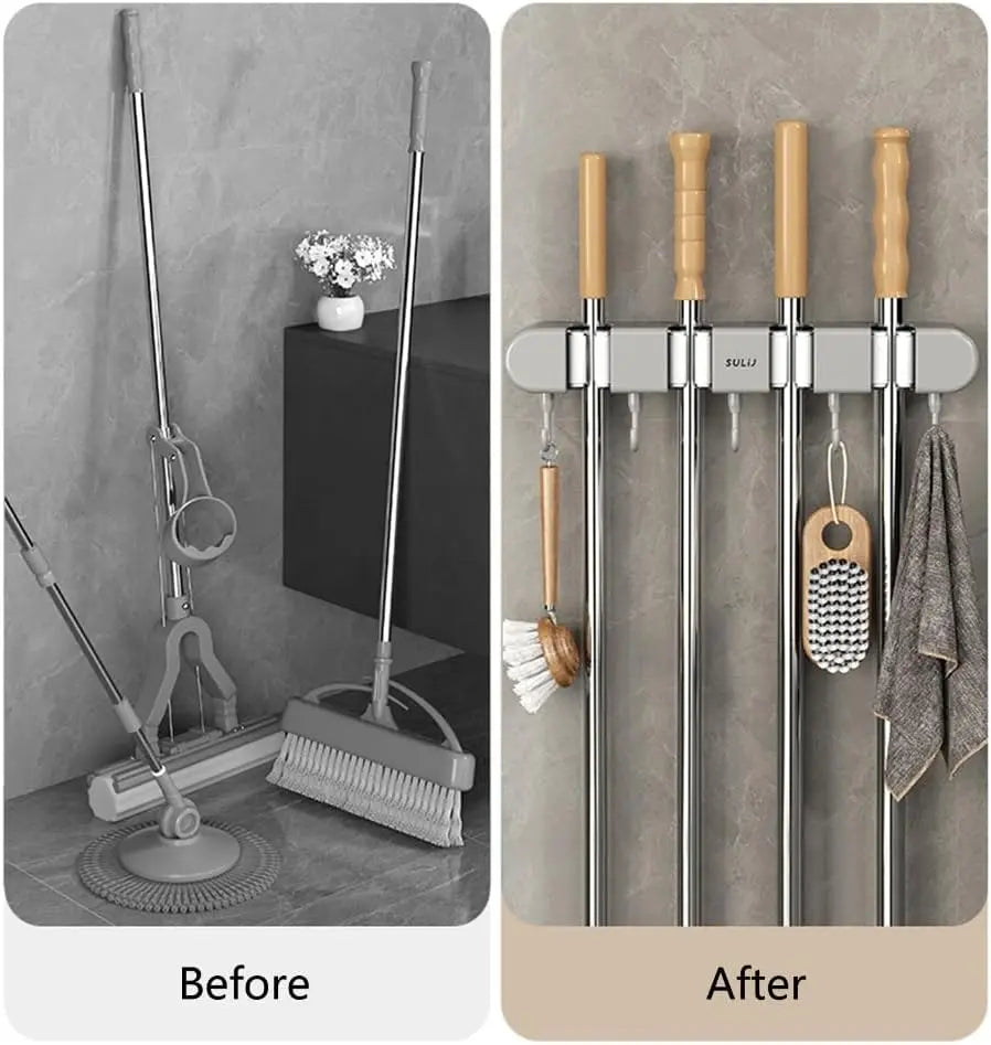 Broom & Mop Holder Space-Saving Stainless Steel Grip