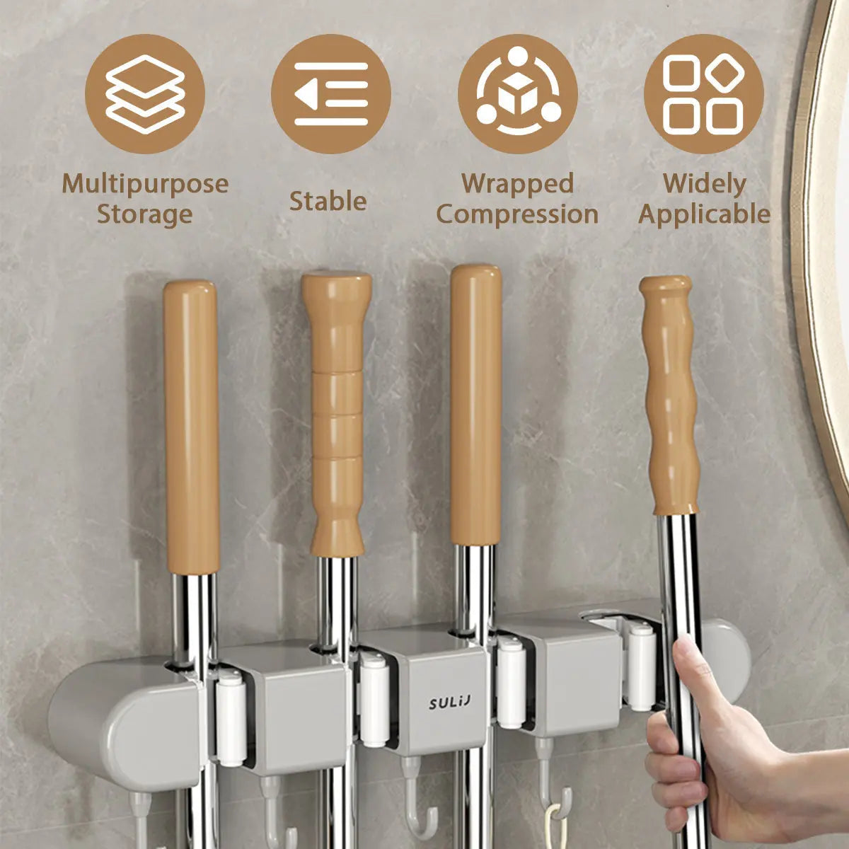 Broom & Mop Holder Space-Saving Stainless Steel Grip