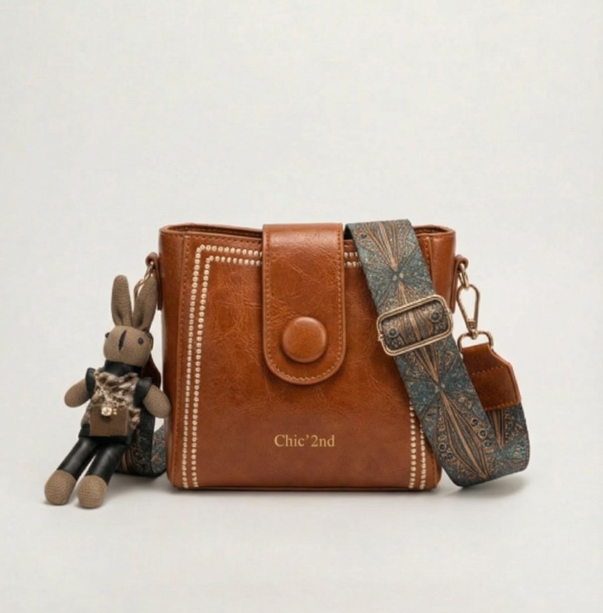 Bucket Crossbody Bag Vintage PU Leather Adjustable Woven Strap