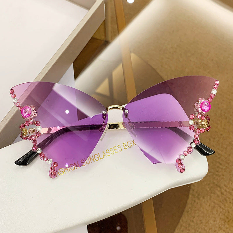 Butterfly Sunglasses Rimless Crystal Metal Frame UV400