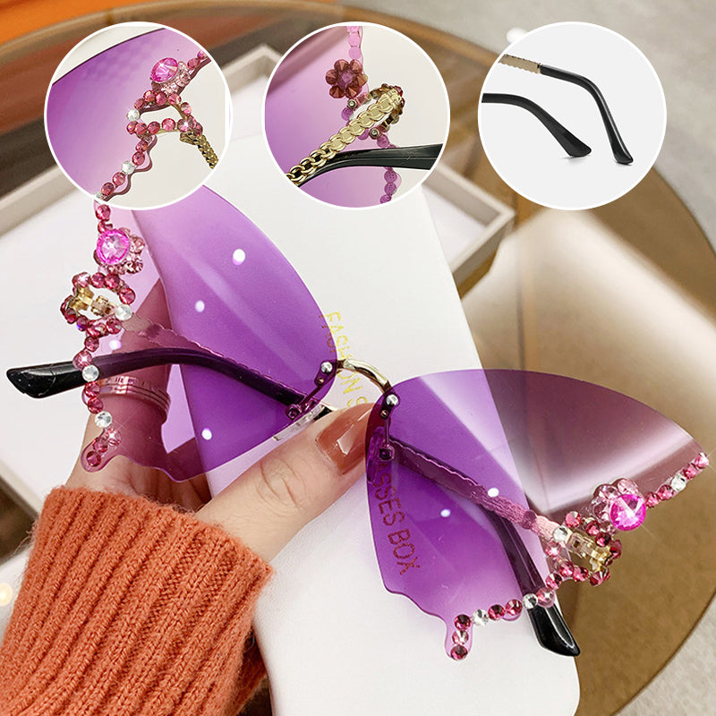 Butterfly Sunglasses Rimless Crystal Metal Frame UV400