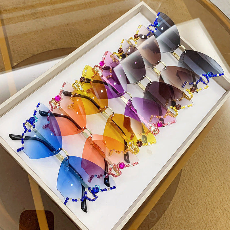Butterfly Sunglasses Rimless Crystal Metal Frame UV400
