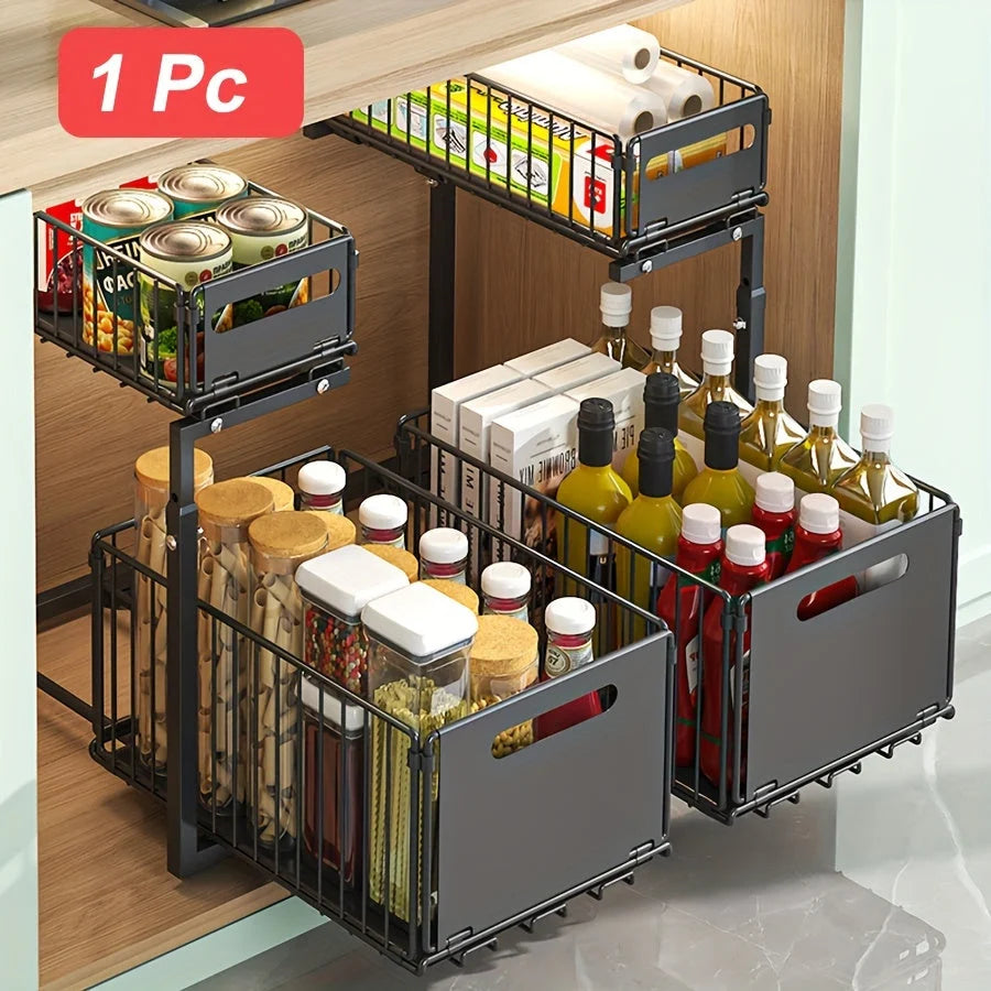 Cabinet Organizer Two-Tier Pull-Out Powder-Coated Steel Adjustable Height