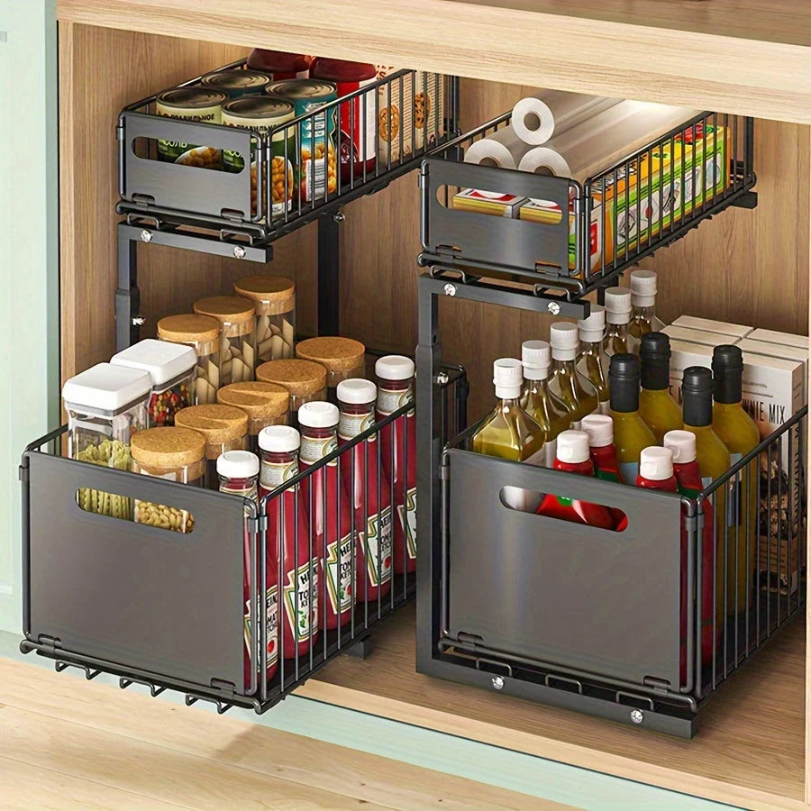 Cabinet Organizer Two-Tier Pull-Out Powder-Coated Steel Adjustable Height