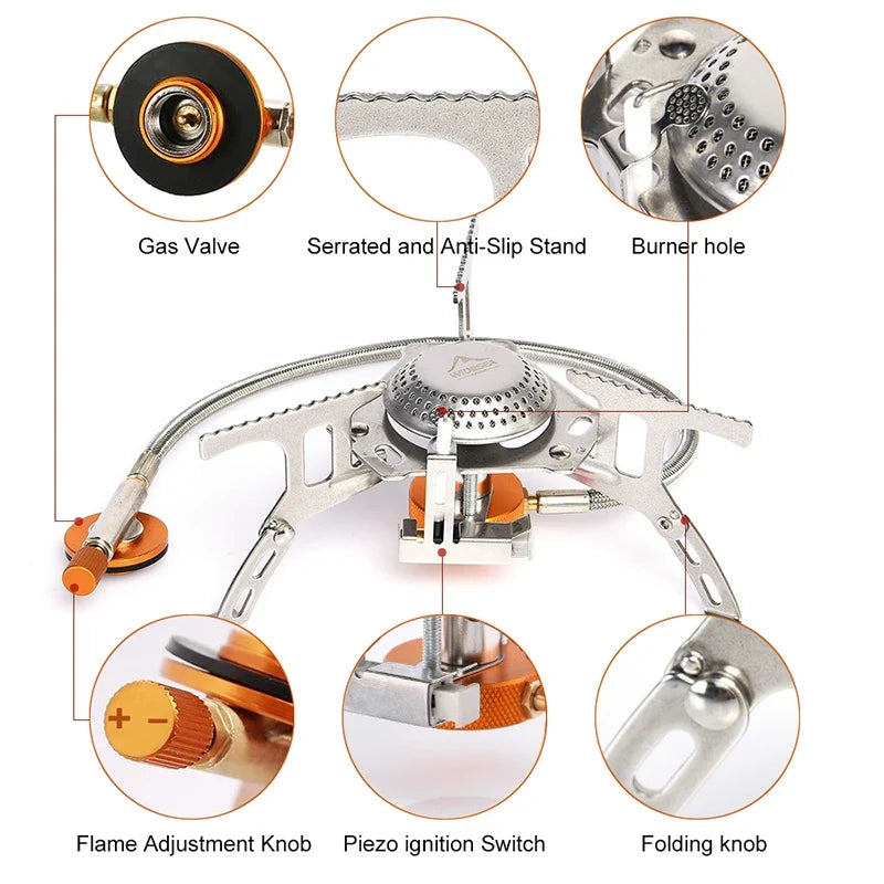 Camping Stove Foldable Stainless Steel Windscreen & Hose Adapter
