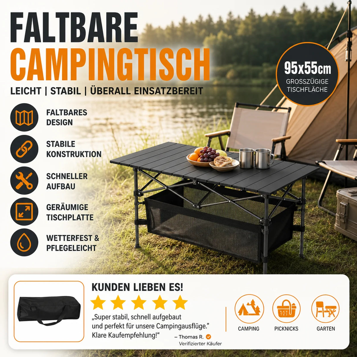 Camping Table Roll-Up Tabletop Adjustable Height
