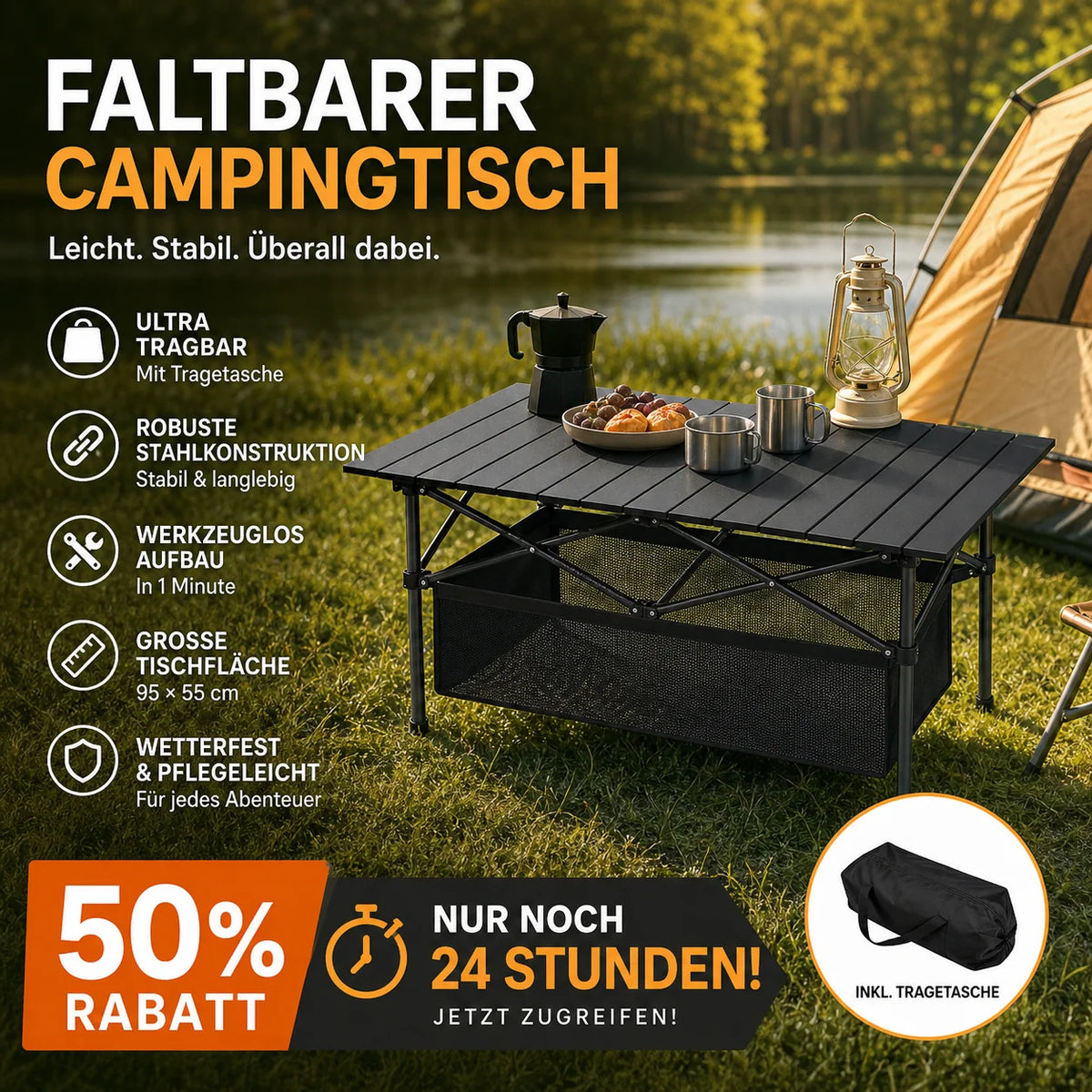 Camping Table Roll-Up Tabletop Adjustable Height