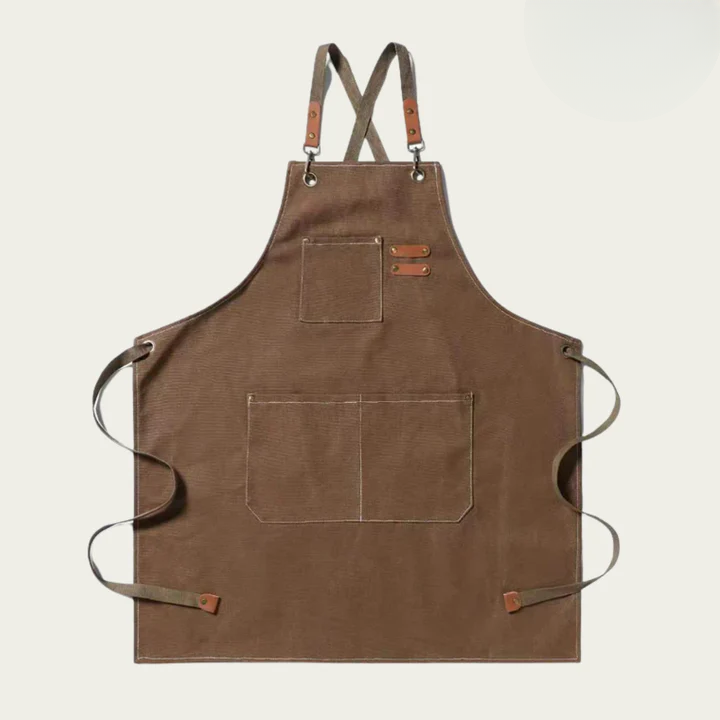 Canvas Work Apron Cross-Back Straps Multiple Pockets Leather Trim