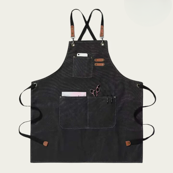 Canvas Work Apron Cross-Back Straps Multiple Pockets Leather Trim