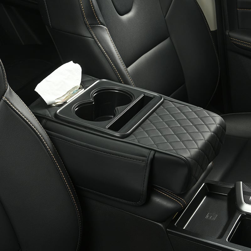 Car Armrest Cover Padded Faux Leather Dual Cup Holders
