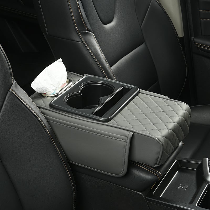 Car Armrest Cover Padded Faux Leather Dual Cup Holders