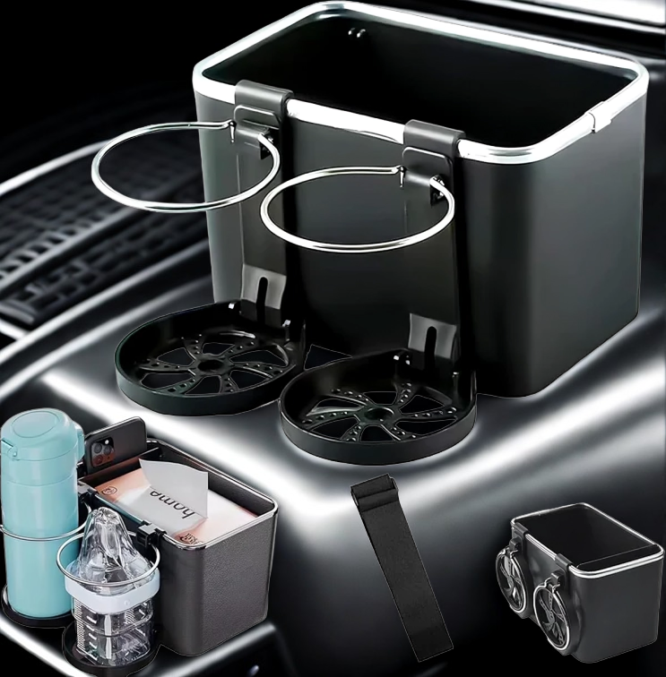 Car Cup Holder Organizer Multi-Compartment Phone Slot Spill-Resistant