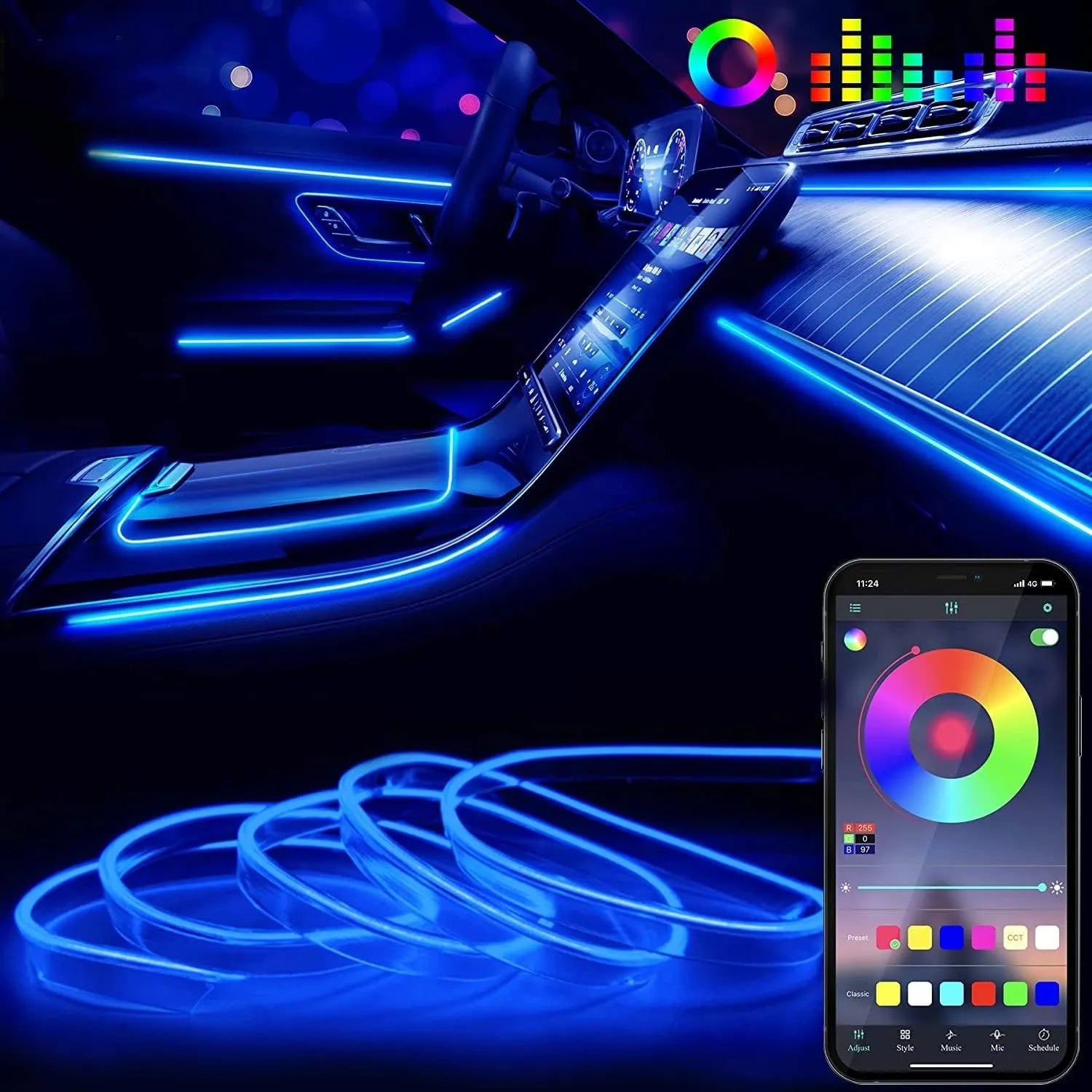 Car Interior LED Strips Multicolor App & Remote Control
